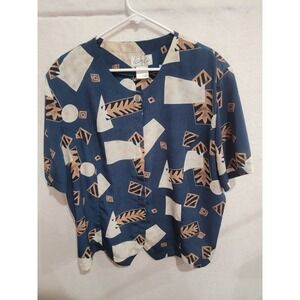 Vintage 90s Cathy Che 2X Navy Abstract Geometric Scalloped Blouse Shoulder Pads